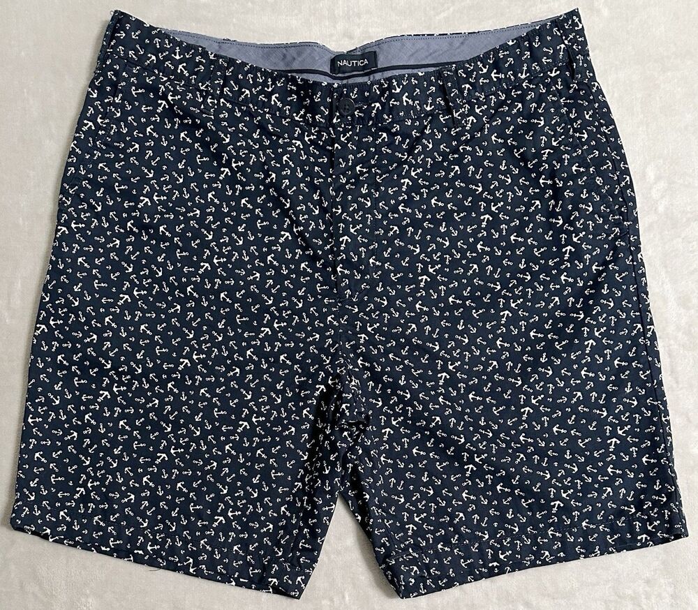 Nautica The Deck Short Men's 38W Navy Anchor Print Classic Fit Chino Shorts
